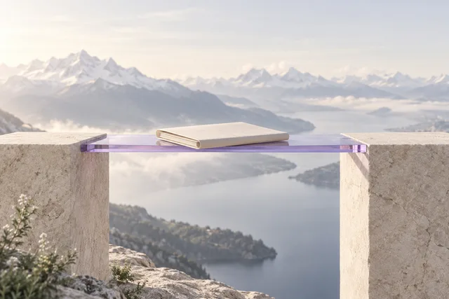 Blank ivory dossier on a violet glass bridge between limestone supports in an abstract editorial illustration