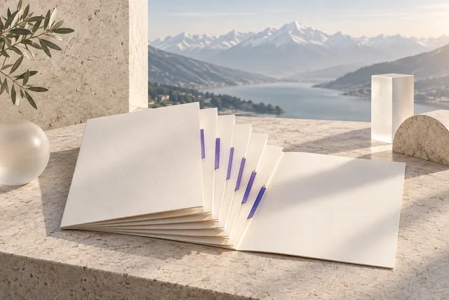 Abstract editorial illustration of seven ivory dossier folios with violet tabs arranged on limestone beside frosted glass forms