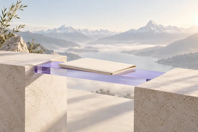 Blank ivory dossier on a violet glass bridge between limestone supports in an abstract editorial illustration