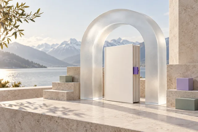 Blank ivory dossier beneath a frosted glass arch in an abstract editorial illustration