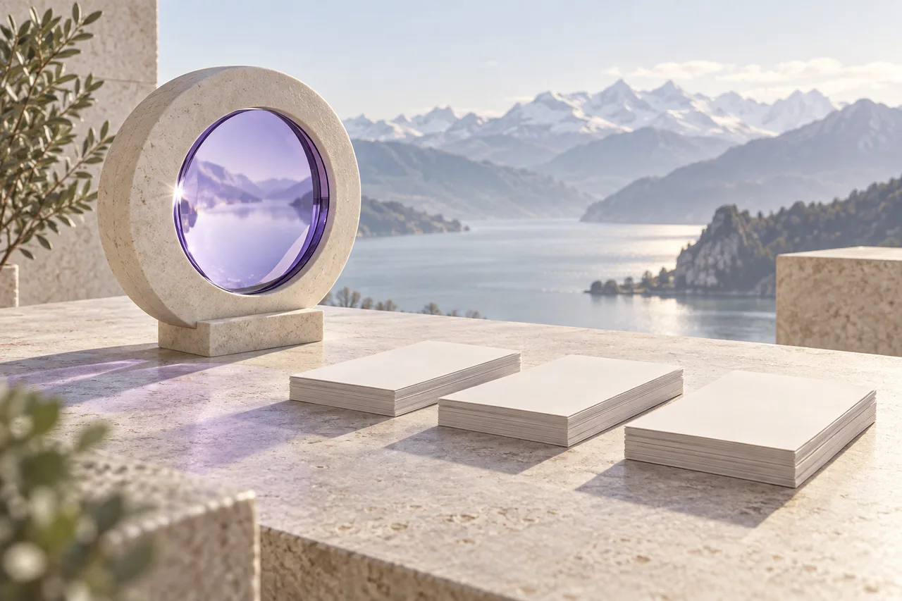 Abstract editorial illustration of Swiss pharmacovigilance records, glass and stone forms