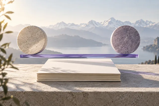 Abstract editorial illustration of Swiss pricing evidence, official lists, glass and stone