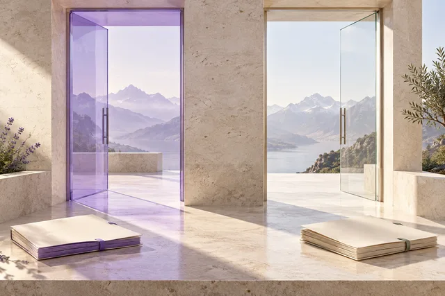 Abstract editorial illustration of two separate glass regulatory doorways, each with its own ivory dossier